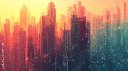 A vibrant city skyline in vibrant hues of orange and teal, suggesting a futuristic, dreamlike atmosphere.