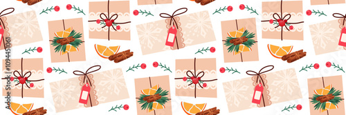 Christmas gifts in kraft paper Pattern. DIY rustic present boxes in craft wrappings with twine bows and branches. Decorated orange slices, berry and cinnamon. Winter festive background. Illustration.