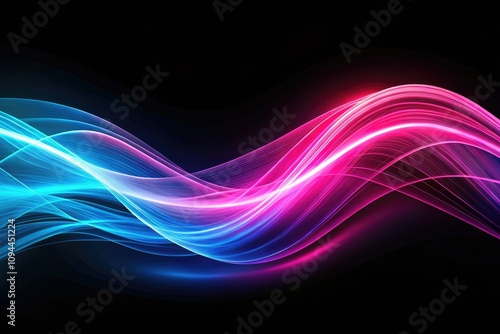 Abstract Wavy Lines of Pink and Blue Light on Black Background, Captivating Colorful Waves for Modern Art, Digital Backgrounds, and Creative Designs