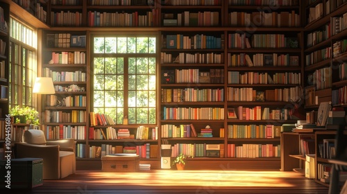 A cozy, sunlit library filled with colorful books, inviting relaxation and inspiration.