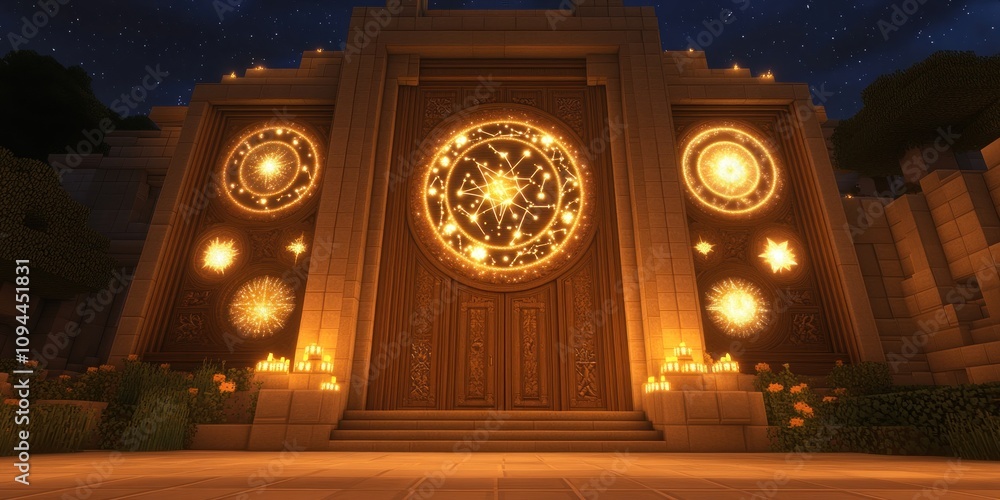 Obraz premium A grand wooden door adorned with glowing symbols, set in a serene night landscape.