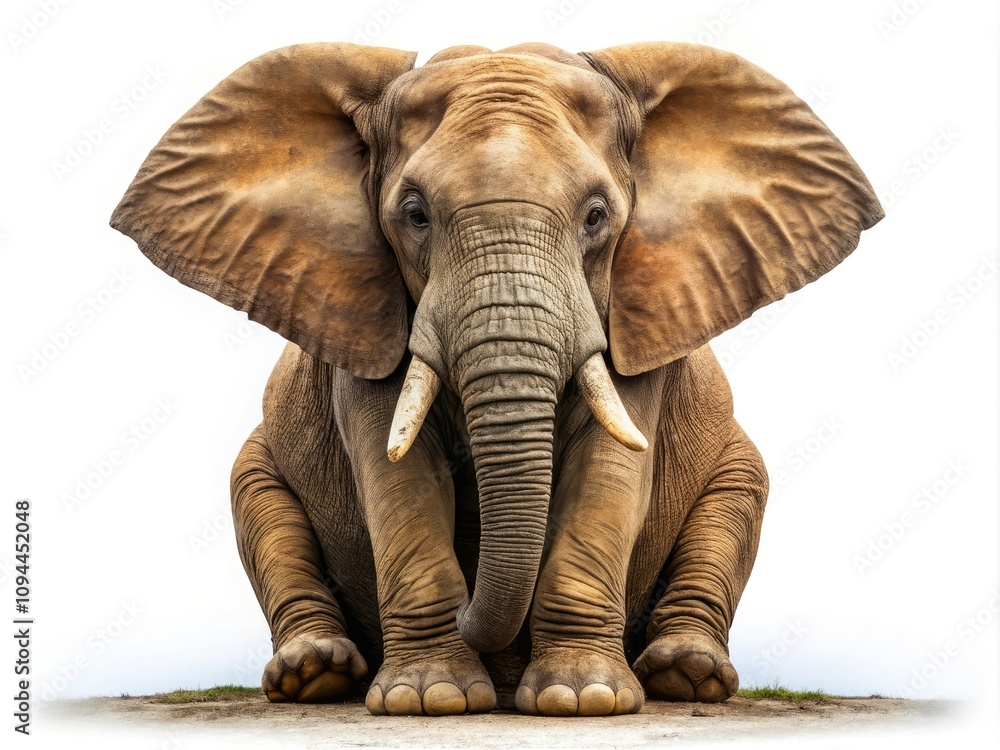 Fototapeta premium Big Elephant Sitting Isolated on White Background, Majestic Animal Portrait, Wildlife Photography, Nature Conservation, Giant Mammal, Tranquil Scene, Endangered Species, Elephant Behavior