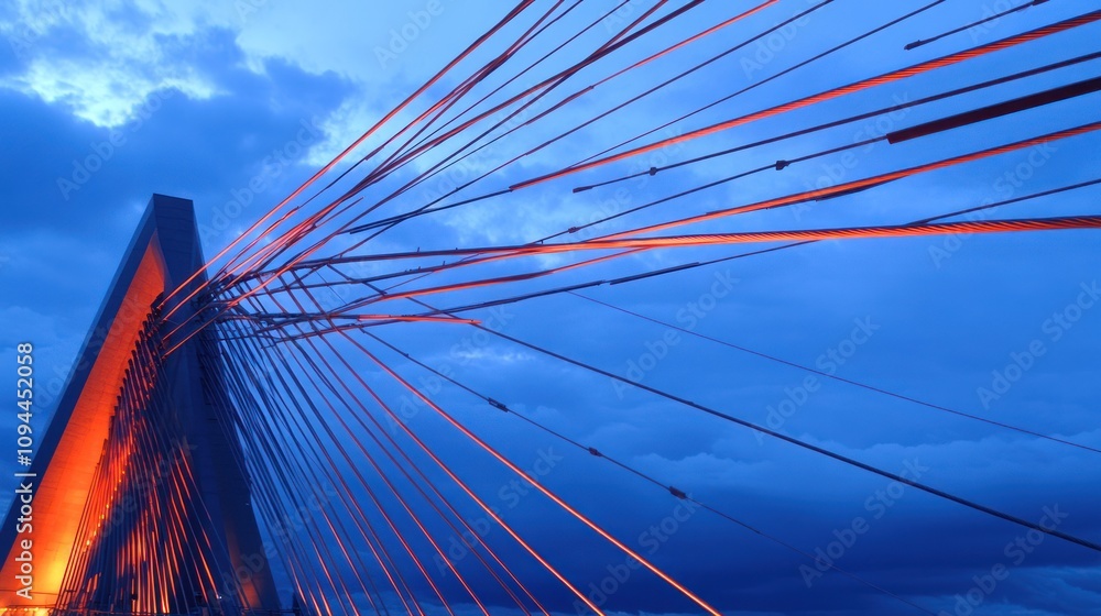 Obraz premium A striking view of a bridge with illuminated cables against a twilight sky.