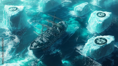 Bitcoin Ship Navigating Icebergs: A digital currency concept, visually represented by a ship navigating icy waters with Bitcoin symbols embedded into the icebergs. photo