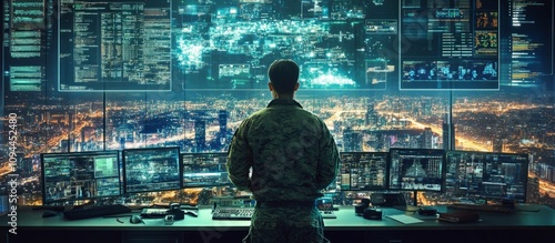A military observer working on a city tracking operation at the cyber control and monitoring office.	