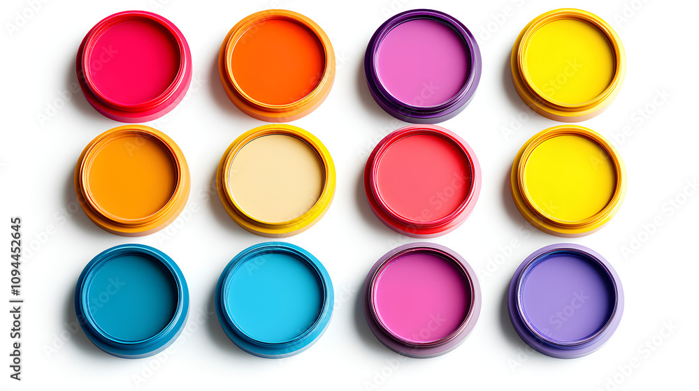 Set of vibrant round compacts in various colors, top view. Ideal for beauty and cosmetic packaging. Isolated on white background Set of vibrant round compacts in various colors, top view. Ideal for beauty and cosmetic packaging. Isolated on white background