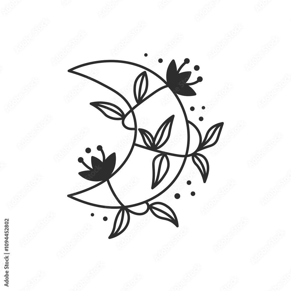 custom made wallpaper toronto digitalCelestial Crescent with Flower and Leaf. Line art moon decorative vector illustration. Hand drawn sacred spiritual symbol in doodle style with dots.