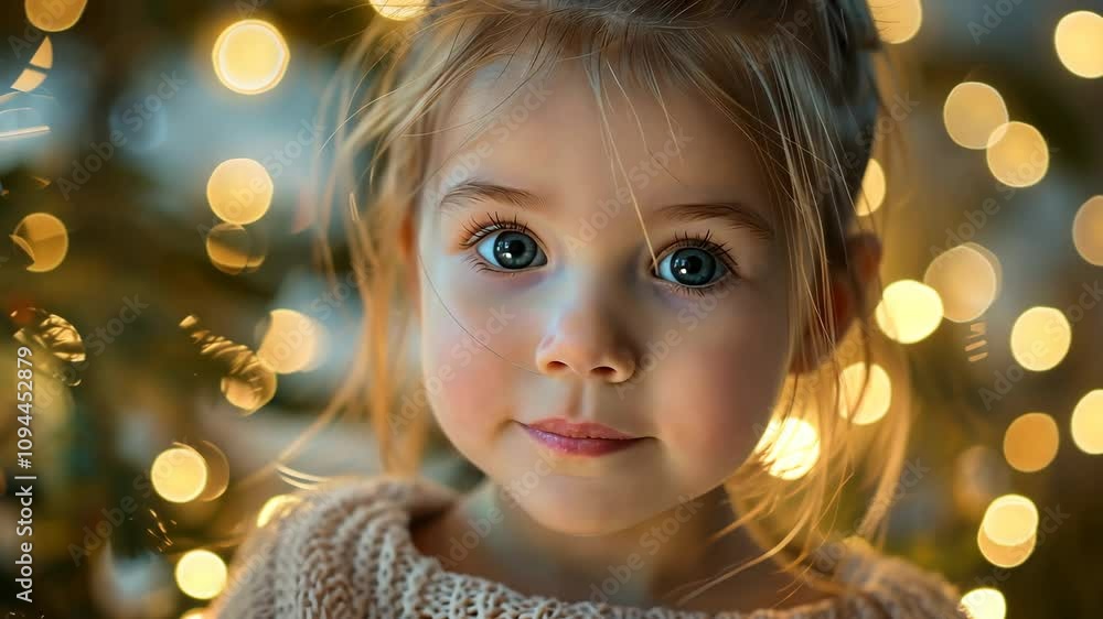Charming smiles of a young girl with bright blue eyes amidst twinkling holiday lights Charming smiles of a young girl with bright blue eyes amidst twinkling holiday lights