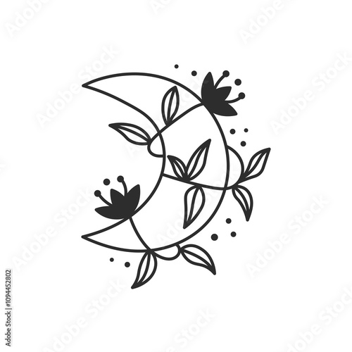 Wallpaper Mural Celestial Crescent with Flower and Leaf. Line art moon decorative vector illustration. Hand drawn sacred spiritual symbol in doodle style with dots. Torontodigital.ca
