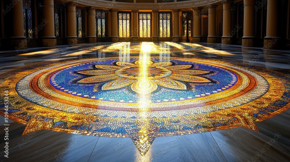 Obraz premium A beautifully designed mosaic floor in an ornate interior, illuminated by sunlight.