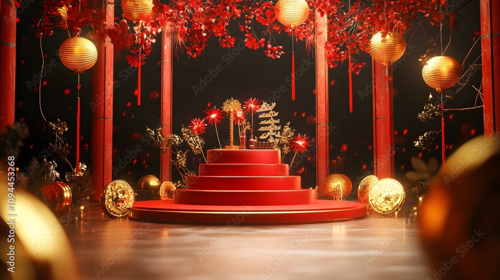 A festive podium adorned with golden firecrackers and red silk ribbons, surrounded by auspicious symbols and soft lantern light, with a wide open space in front for product showcasing. A festive podium adorned with golden firecrackers and red silk ribbons, surrounded by auspicious symbols and soft lantern light, with a wide open space in front for product showcasing.