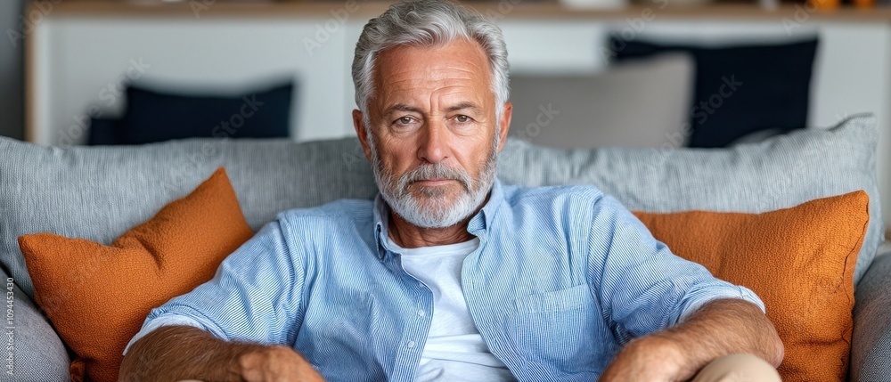 Fototapeta premium Wellness health and Natural remedies Concept, A relaxed older man sits comfortably on a couch, reflecting thoughtfully in a cozy living room setting.
