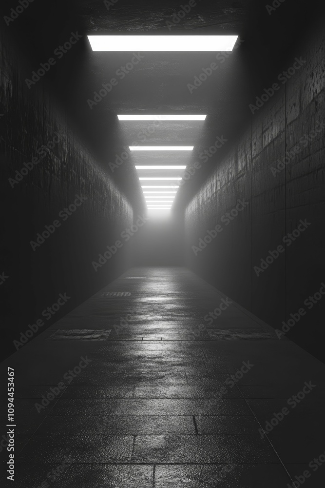 Dark, long corridor; bright lights, foggy path. Dark, long corridor; bright lights, foggy path.