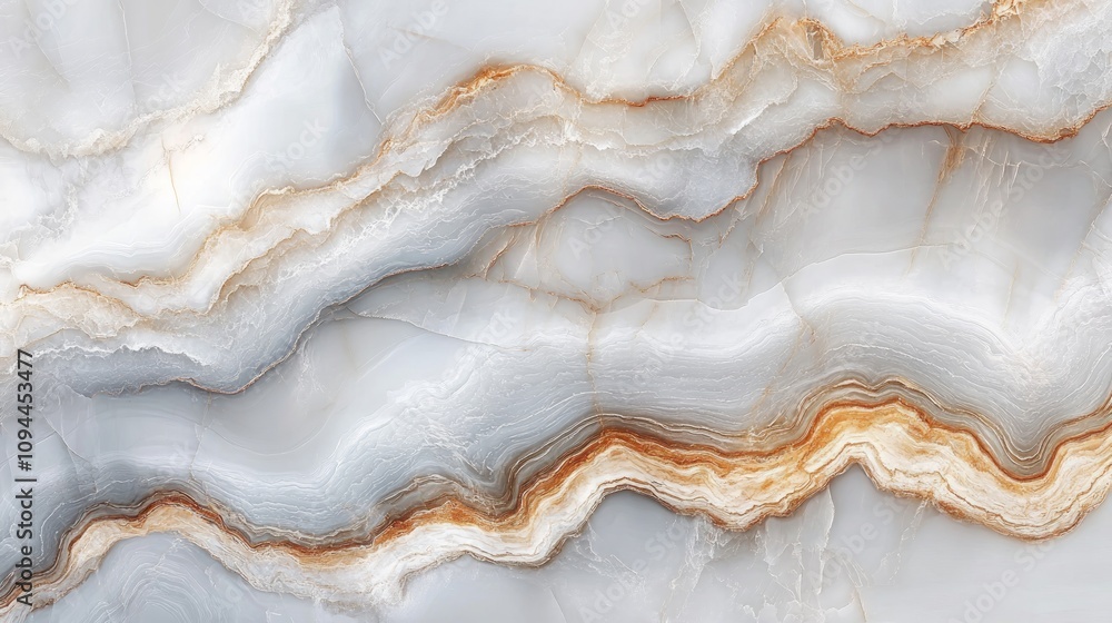 Obraz premium Close-up of elegant light grey and beige marble texture with wavy patterns and veins.