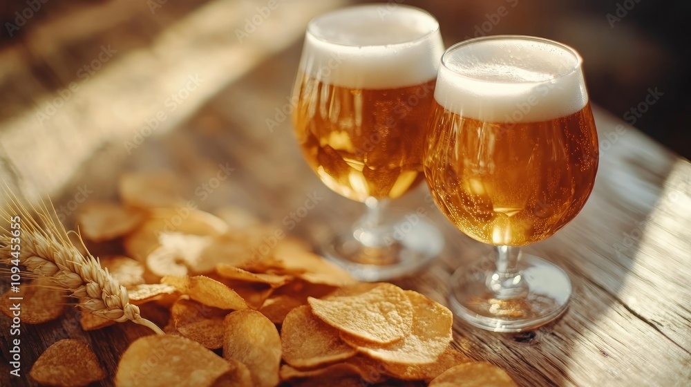 Two glasses of beer with potato chips and wheat on a wooden table in sunlight. Two glasses of beer with potato chips and wheat on a wooden table in sunlight.