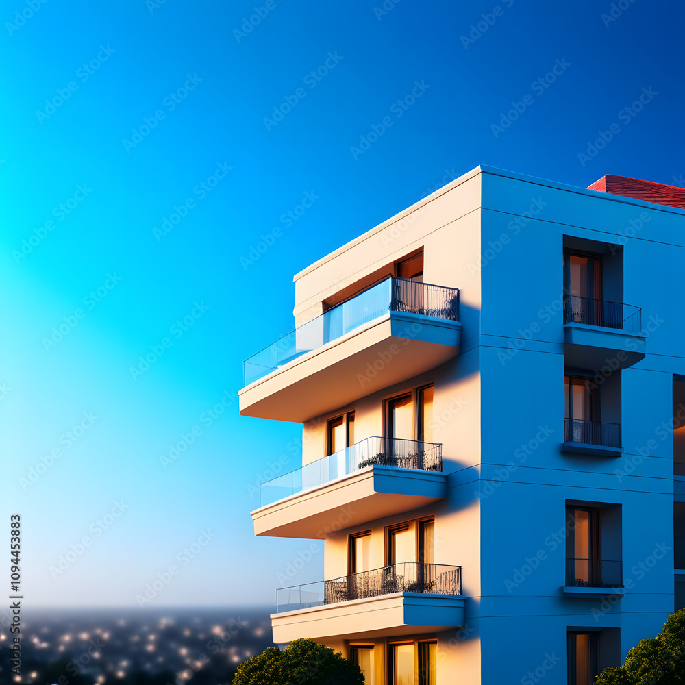 Residential building with balconies and clear blue sky in the background. Modern architecture design. Illustration for banner, poster, cover, brochure or presentation. Residential building with balconies and clear blue sky in the background. Modern architecture design. Illustration for banner, poster, cover, brochure or presentation.