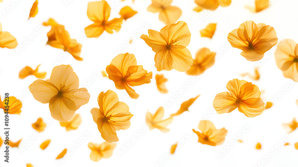 Obraz premium Springtime yellow petal flowers levitate in air, beautiful floral flying isolated on white background 
