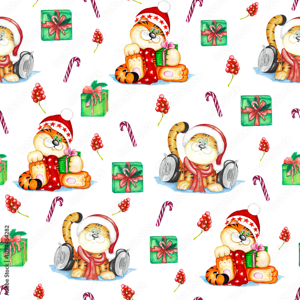 Naklejka premium New Year and Christmas tigers with winter and snow reds