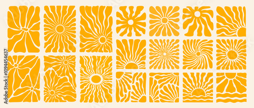 Groovy hippie y2k retro sun or flower background or contemporary summer sunburst banner with abstract organic doodle shape and wavy yellow floral pattern in 70s naive boho style. Groovy sun explosion.