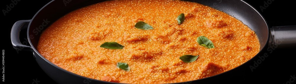 Wellness health and Natural remedies Concept, Rich and creamy curry in a black pan, garnished with fresh green leaves, showcasing vibrant orange hues and a textured surface. Wellness health and Natural remedies Concept, Rich and creamy curry in a black pan, garnished with fresh green leaves, showcasing vibrant orange hues and a textured surface.