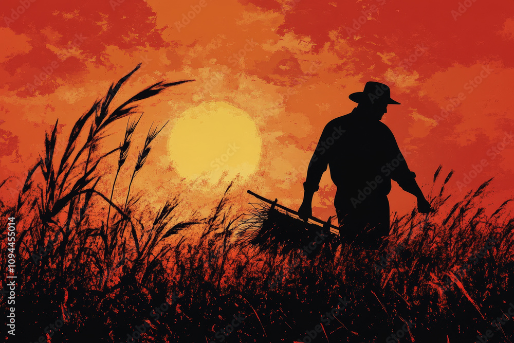 Obraz premium Farmer Silhouette at Sunset