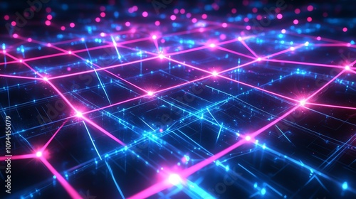 Futuristic digital grid with neon lights.