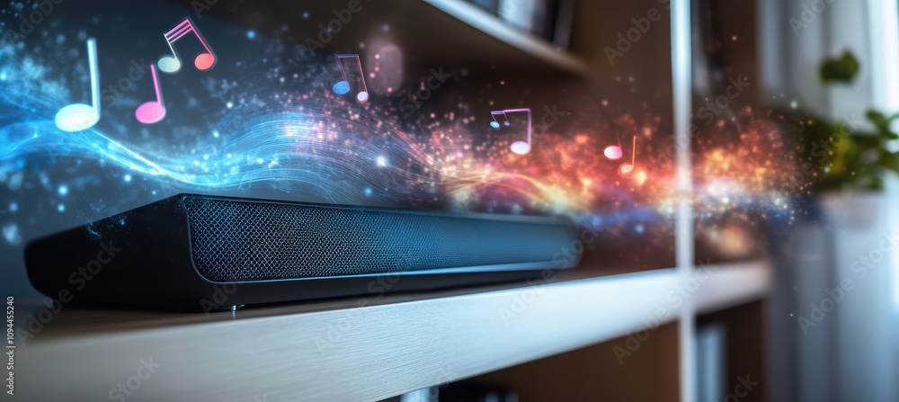 A sleek soundbar emits vibrant musical notes in a modern living room. A sleek soundbar emits vibrant musical notes in a modern living room.