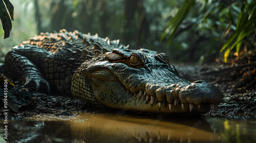 Fototapeta premium A crocodile resting on the muddy banks of a jungle river its textured scales blending into the scene.