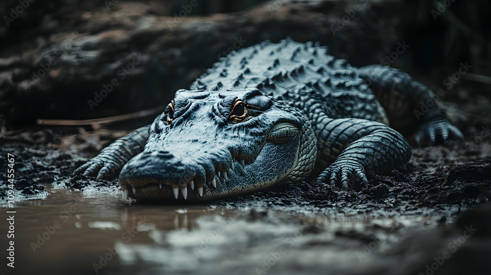Fototapeta premium A crocodile resting on the muddy banks of a jungle river its textured scales blending into the scene.