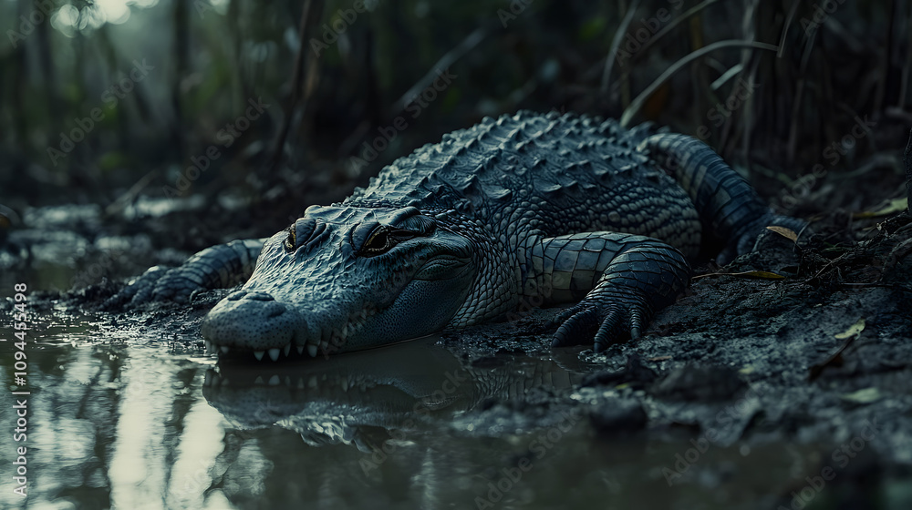 A crocodile resting on the muddy banks of a jungle river its textured scales blending into the scene. A crocodile resting on the muddy banks of a jungle river its textured scales blending into the scene.
