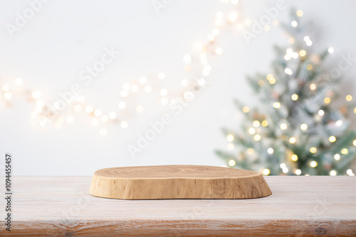 Christmas product presentation background with wooden table and podium on it