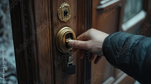 A close-up of a hand inserting a key into an ornate brass doorknob on a wooden door, evoking a sense of anticipation.