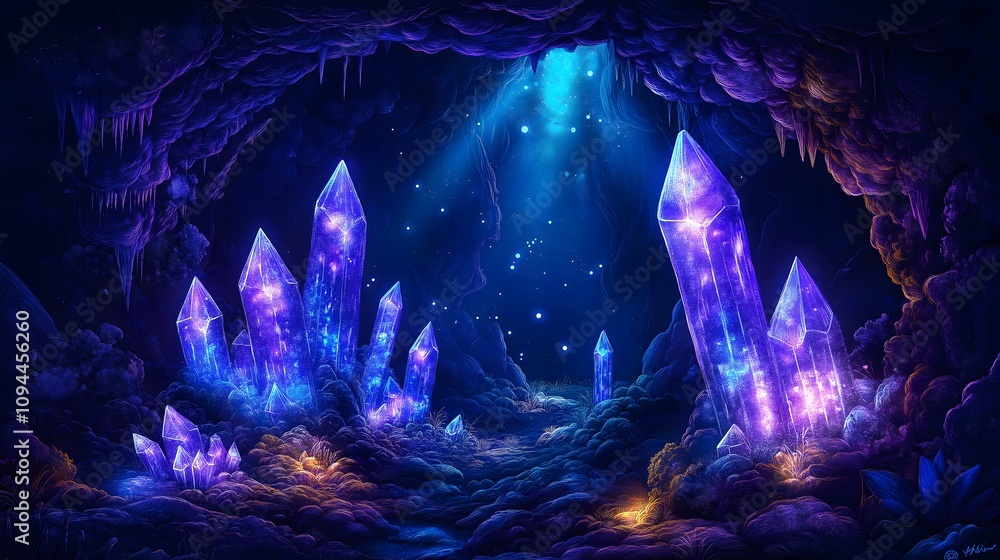 Glowing Crystal Cave, Magical Fantasy Landscape Glowing Crystal Cave, Magical Fantasy Landscape