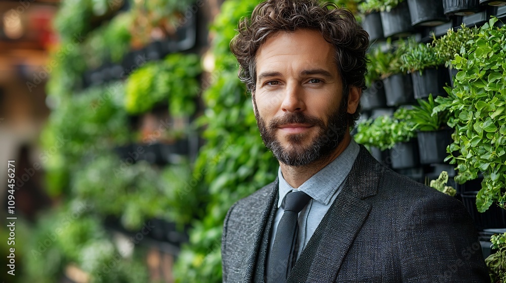 Businessman in Eco Friendly Minimalist Office with Lush Plants and Serene Atmosphere Businessman in Eco Friendly Minimalist Office with Lush Plants and Serene Atmosphere
