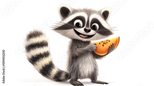 A cheerful cartoon raccoon holding a slice of watermelon, with a playful expression and fluffy fur.