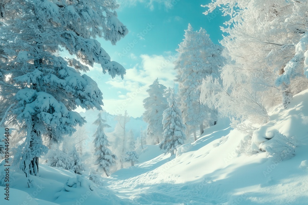 Obraz premium winter landscape in the mountains, trees covered with snow