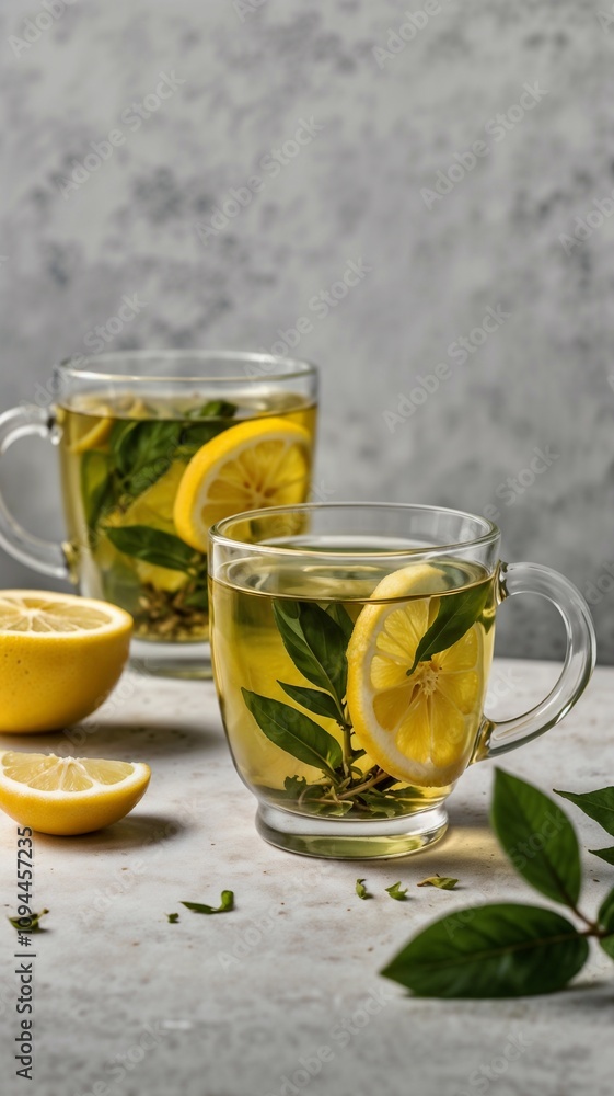 two glass cups of tea with green leaf tea and with a slice of lemon, tea ceremony two glass cups of tea with green leaf tea and with a slice of lemon, tea ceremony