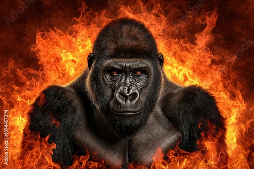 A gorilla is standing in front of a fire photo