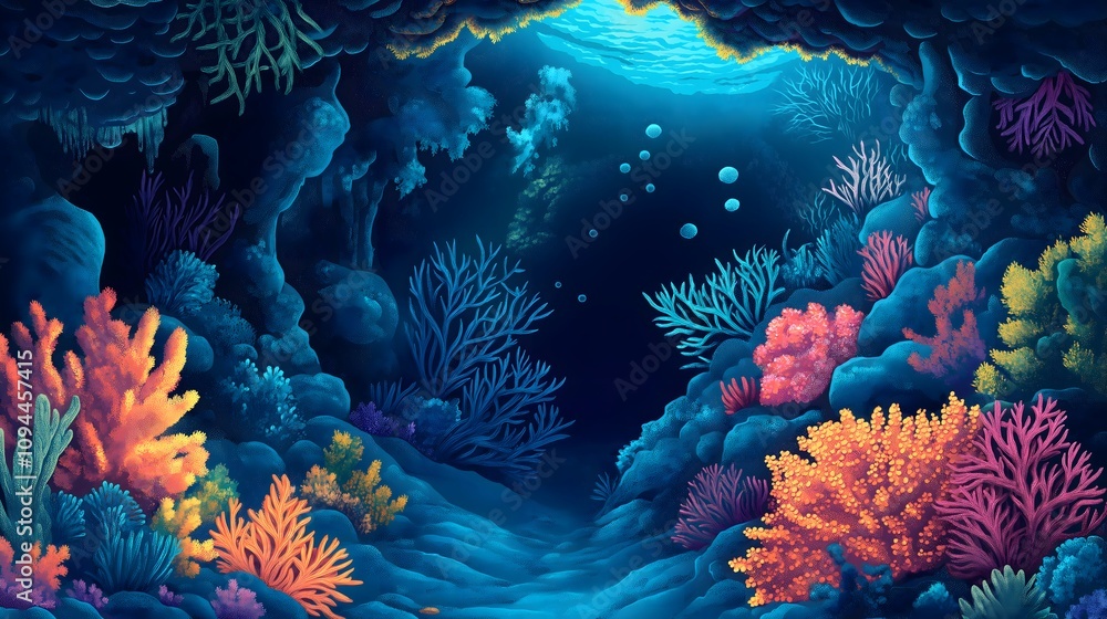 Vibrant Coral Reef in Deep Blue Underwater Cave Vibrant Coral Reef in Deep Blue Underwater Cave