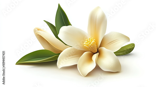 vanilla flower with pods and leaves isolated on white background 