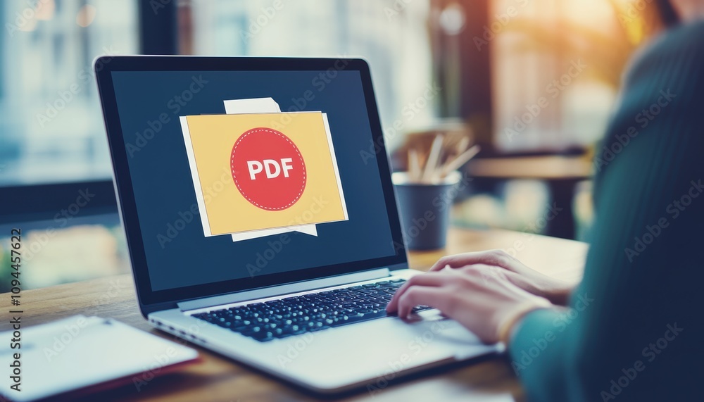 A woman working on her laptop, focused on PDF document editing in a bright workspace. A woman working on her laptop, focused on PDF document editing in a bright workspace.
