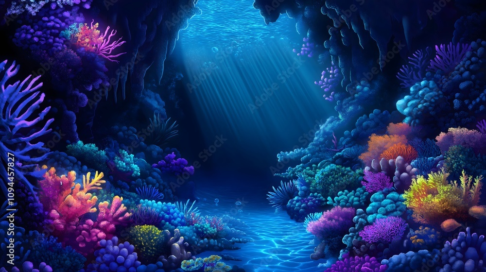 Naklejka premium Vibrant Coral Reef in Underwater Cave with Light Rays