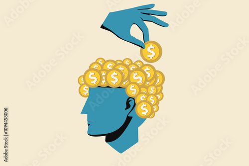 growth money mind set concept. hand planting gold coin on head. crypto wealth investment , stock market, saving 