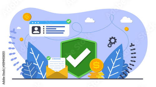 Accept background webpage template. Accepting shield with user page, mail and money coin. Design for wallpaper, web, background, banner. Flat cartoon design. 