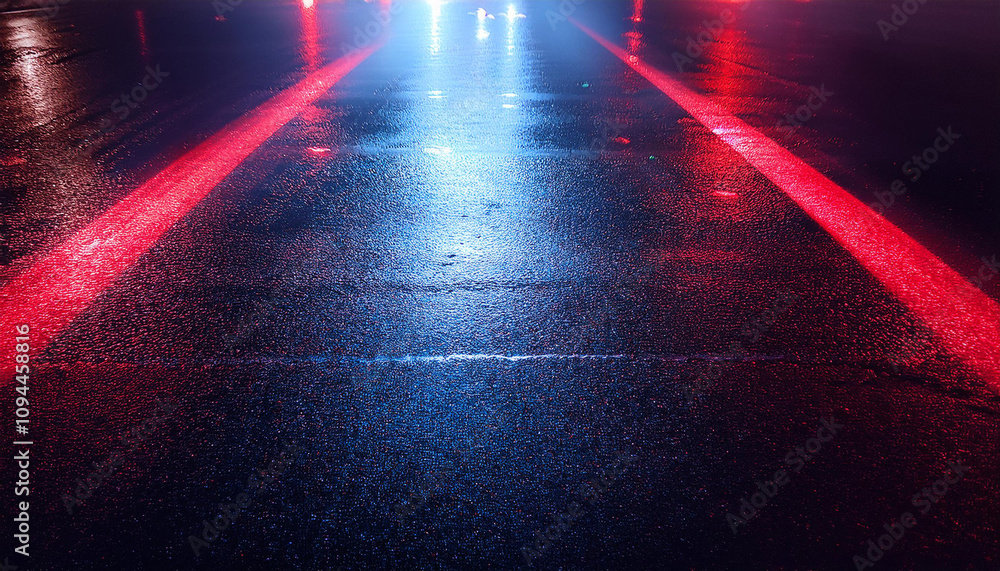 Fototapeta premium Dark street, reflection of neon light on wet asphalt. Rays of light and red laser light in the dark. Night view of the street, the city. Abstract dark blue background.