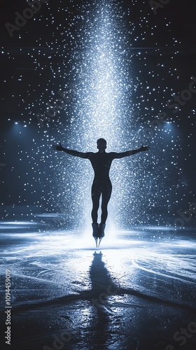 A figure skater performs in a spotlight amidst falling snowflakes, creating a magical atmosphere.