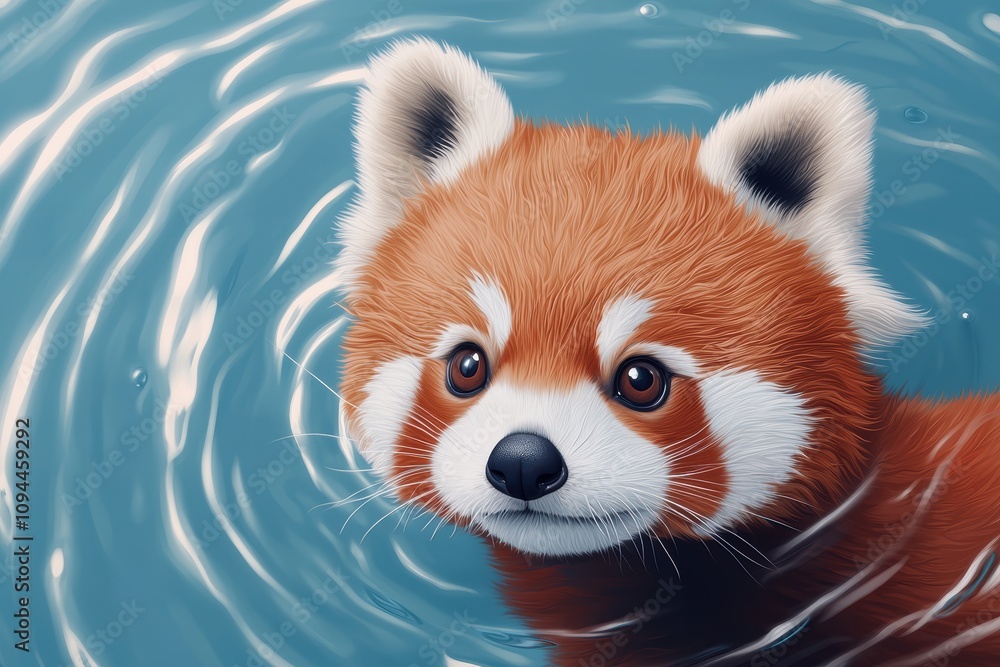 A cute little red and white panda bear is swimming in a body of water A cute little red and white panda bear is swimming in a body of water