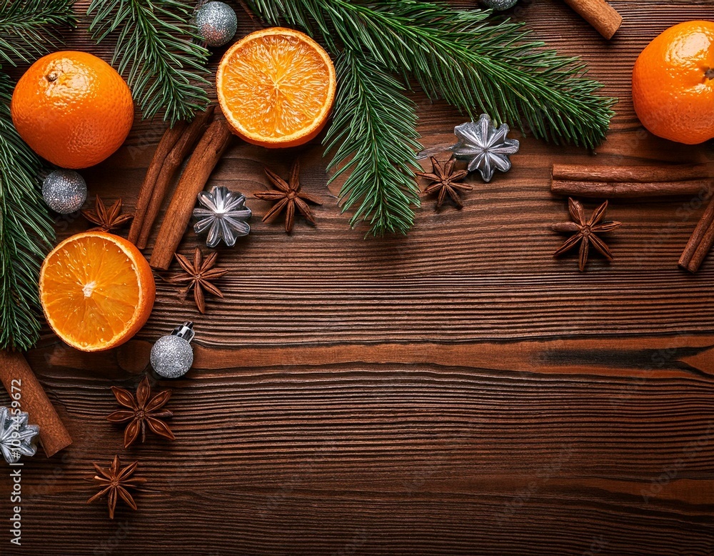 Top view of orange fruits, cinnamon and star anise spice, and silver Christmas ornaments, pine branches on wooden table with copy space Top view of orange fruits, cinnamon and star anise spice, and silver Christmas ornaments, pine branches on wooden table with copy space