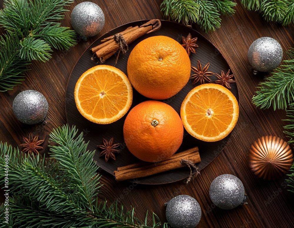 Orange fruits, cinnamon and star anise spice, and silver Christmas ornaments, pine branches on wooden table Orange fruits, cinnamon and star anise spice, and silver Christmas ornaments, pine branches on wooden table