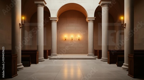 jewish heritage festivals concept. A serene interior space featuring columns, soft lighting, and a minimalist design, evoking a sense of tranquility and elegance. photo